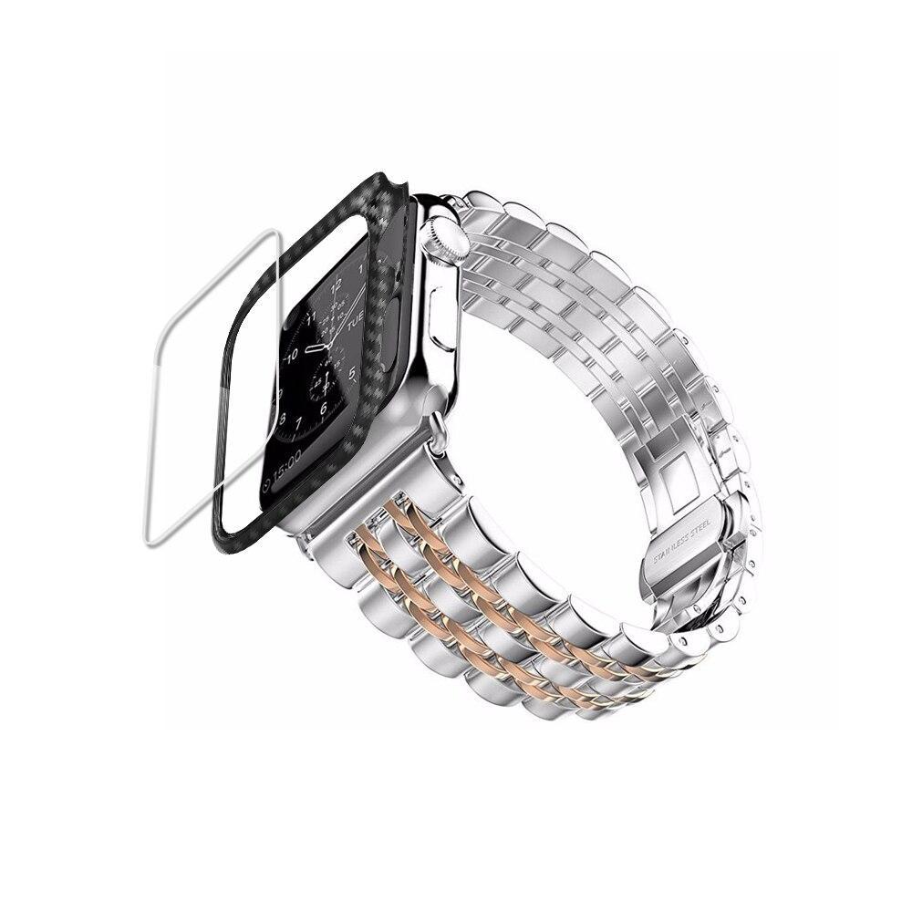 Carbon fiber Case+Strap For Apple Watch band 44mm 40mm apple watch 5 4 3 42mm/38mm iwatch band correa Stainless Steel watchband
