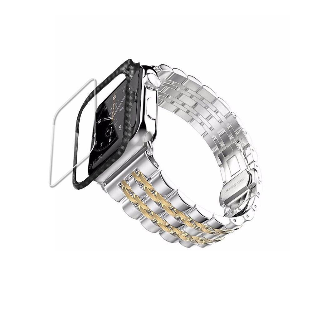 Carbon fiber Case+Strap For Apple Watch band 44mm 40mm apple watch 5 4 3 42mm/38mm iwatch band correa Stainless Steel watchband