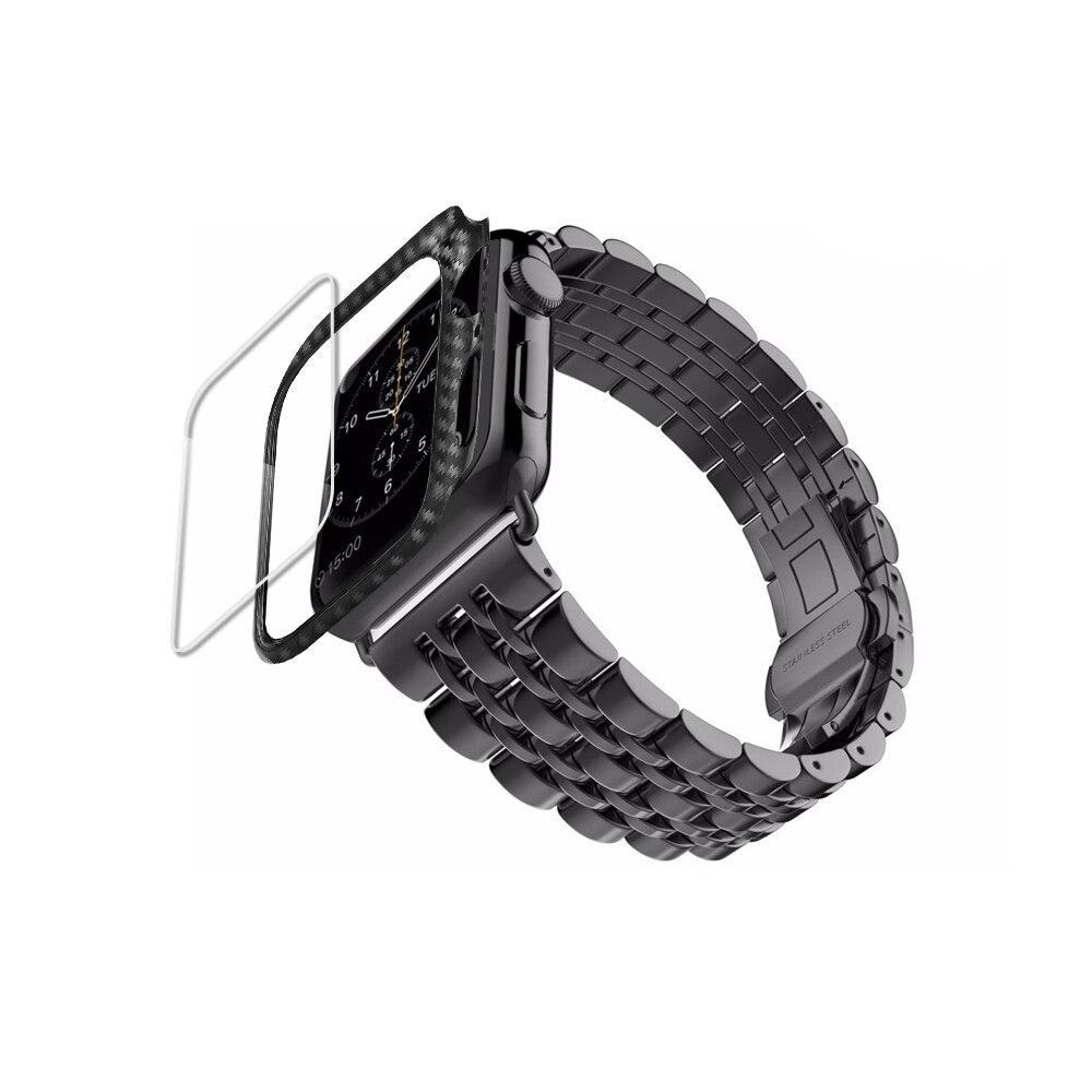 Carbon fiber Case+Strap For Apple Watch band 44mm 40mm apple watch 5 4 3 42mm/38mm iwatch band correa Stainless Steel watchband