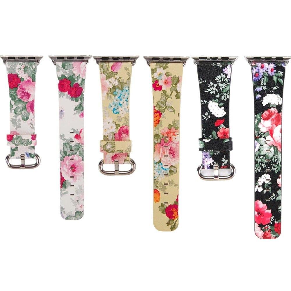 Floral Leather Strap For Apple Watch band 5 4 44mm/42mm/40mm/38mm iwatch series 5 4 3 2 1 Wrist Flower Printed Bracelet belt