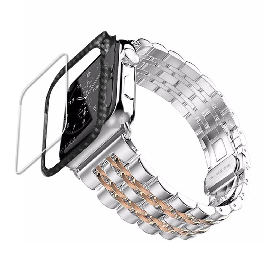 Carbon fiber Case+Strap For Apple Watch band 44mm 40mm apple watch 5 4 3 42mm/38mm iwatch band correa Stainless Steel watchband